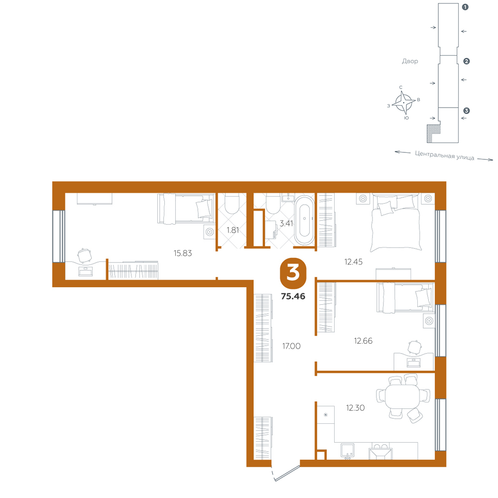 Планировка: 3-комнатная 75.5 м² в ЖК Крылья, Область