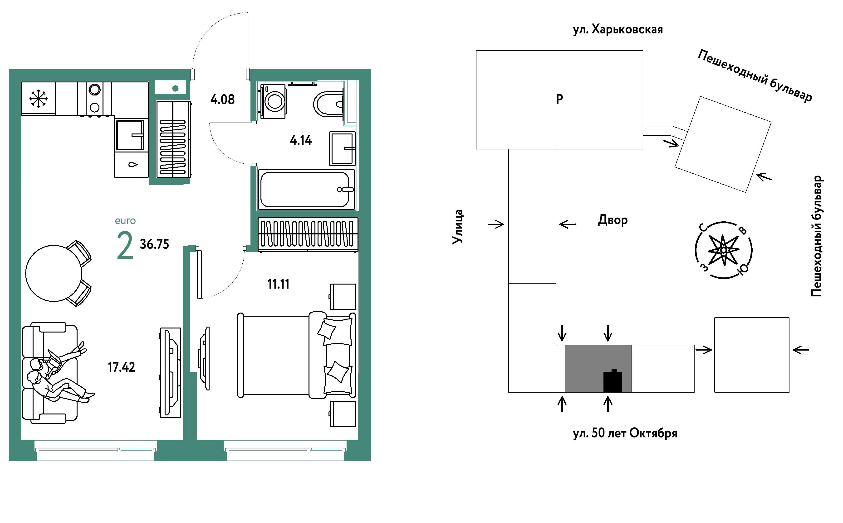 Планировка: Евродвушка 36.8 м² в ЖК Сердце Сибири, Центр: КПД