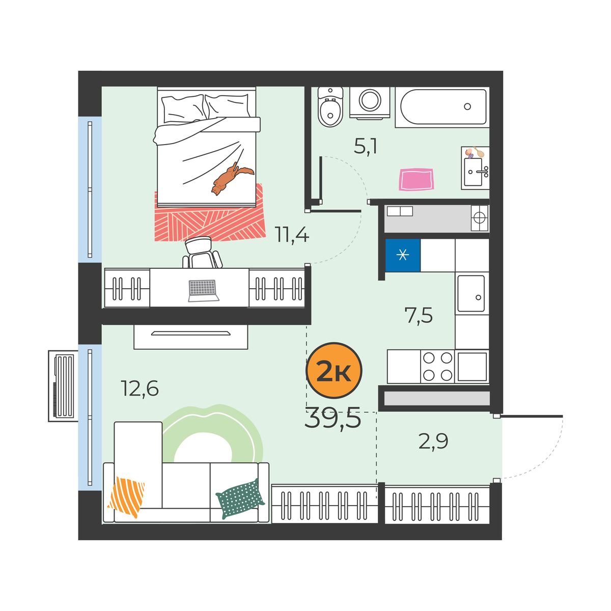 Планировка: Евродвушка 39.5 м² в ЖК Корней, Южный