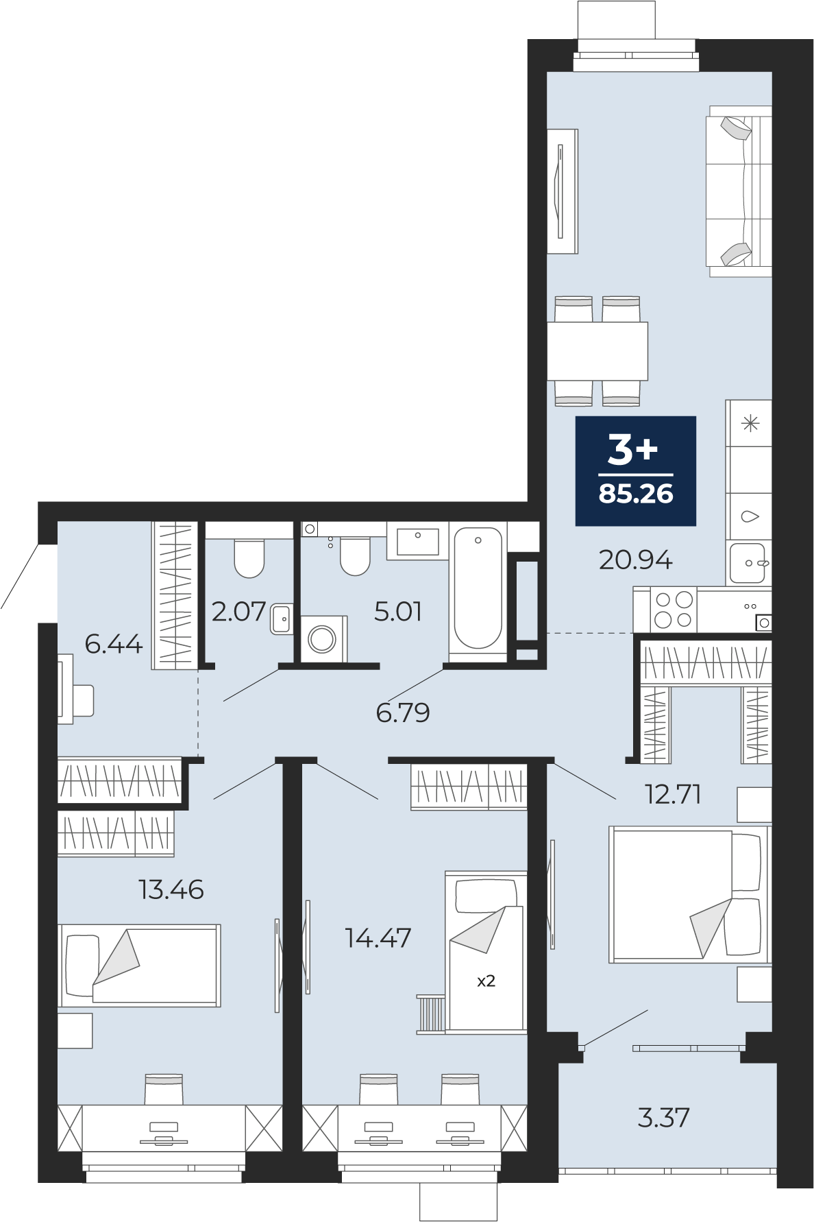 Планировка: 4-комнатная евро 81.9 м² в ЖК Прео, Тюменская слобода