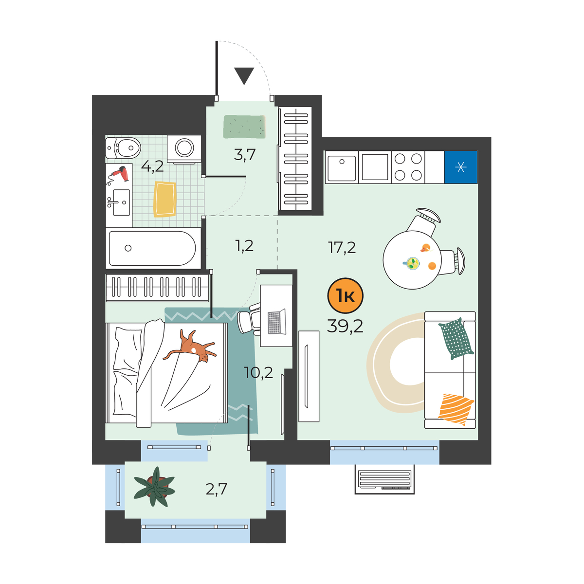Планировка: Евродвушка 37.3 м² в ЖК Корней, Южный