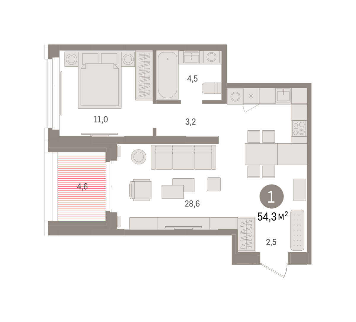 Планировка: Евродвушка 54.3 м² в ЖК На Минской, Центр: Драмтеатр