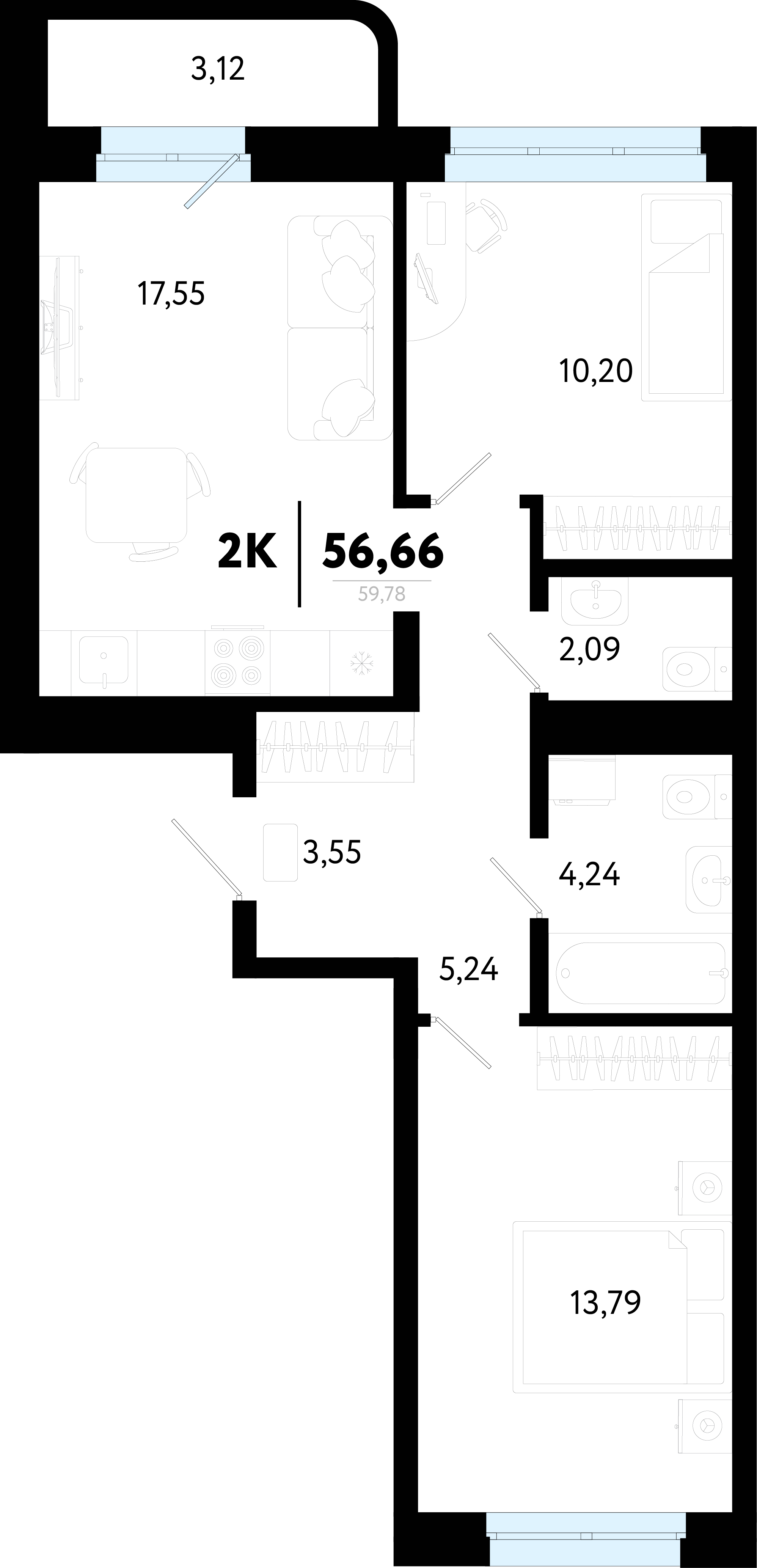 Планировка: Евротрешка 56.7 м² в ЖК Символ, Комарово Парк