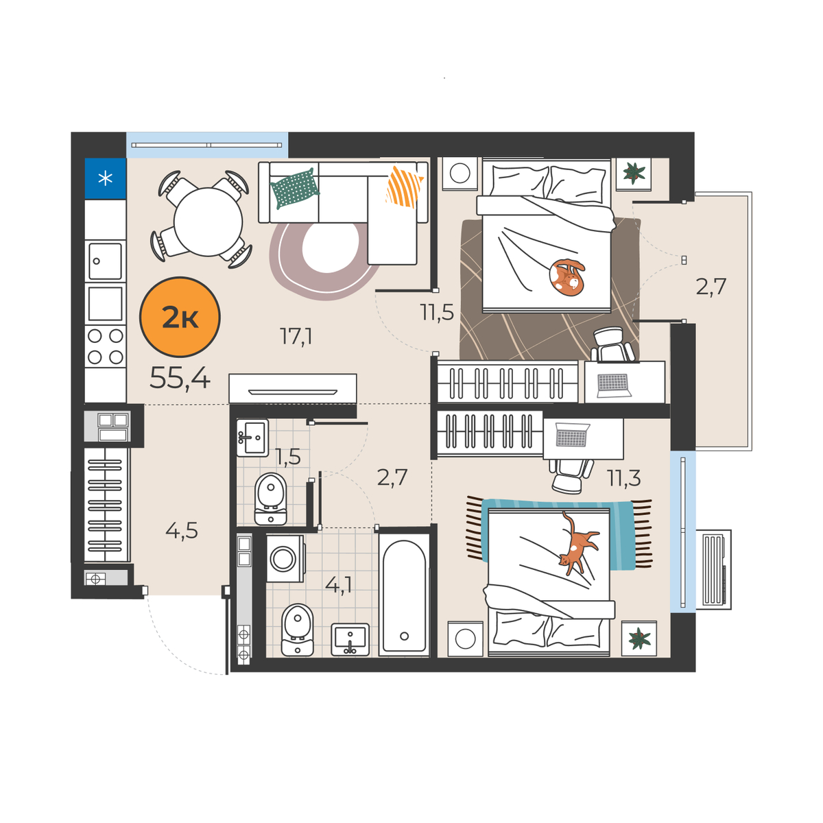 Планировка: Евротрешка 52.7 м² в ЖК Корней, Южный