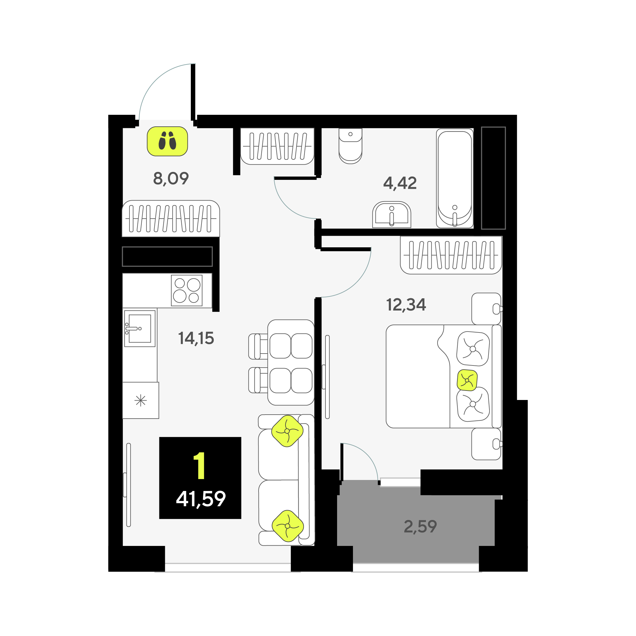 Планировка: Евродвушка 41.6 м² в ЖК Мотивы, От Плеханова до Южного