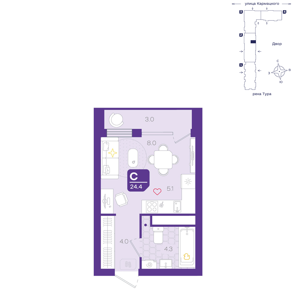 Планировка: Студия 24.4 м² в ЖК Космо, 5-й Заречный