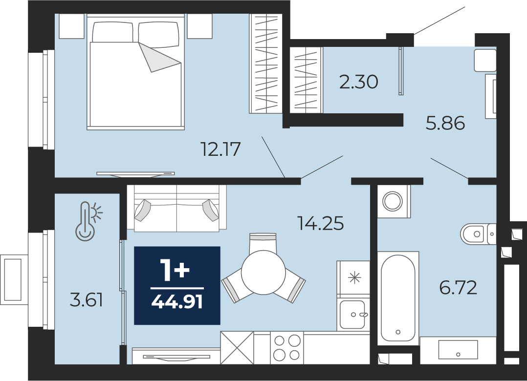 Планировка: Евродвушка 44.9 м² в ЖК Беринг, Лесобаза