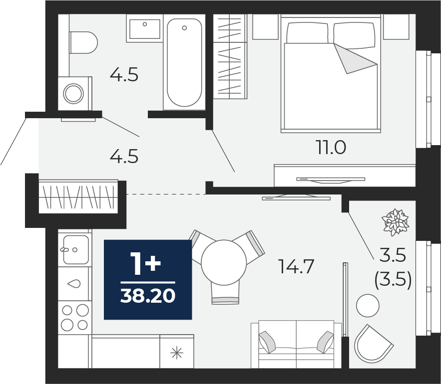 Планировка: Евродвушка 38.2 м² в ЖК Мириады, Мыс
