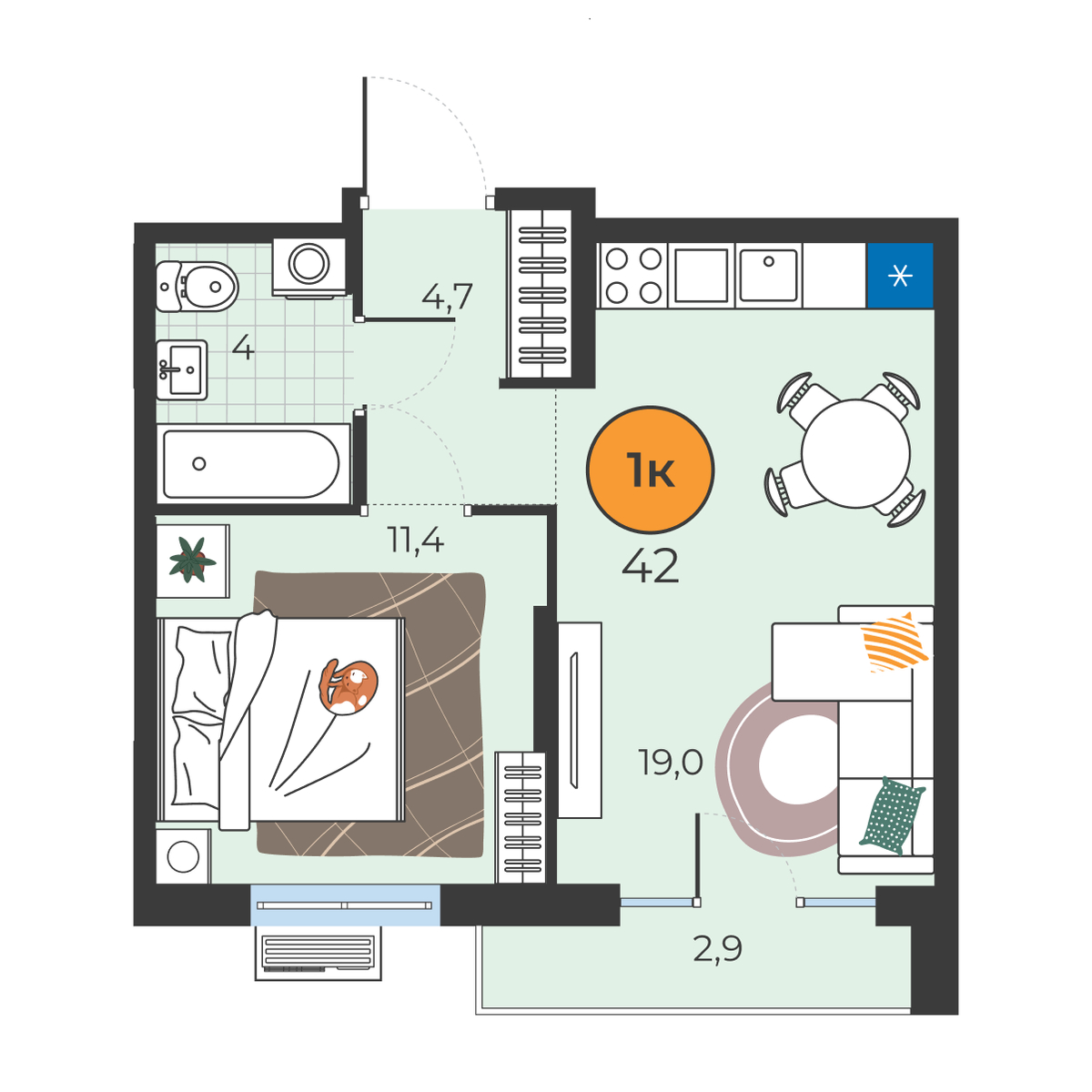 Планировка: Евродвушка 39.1 м² в ЖК Корней, Южный
