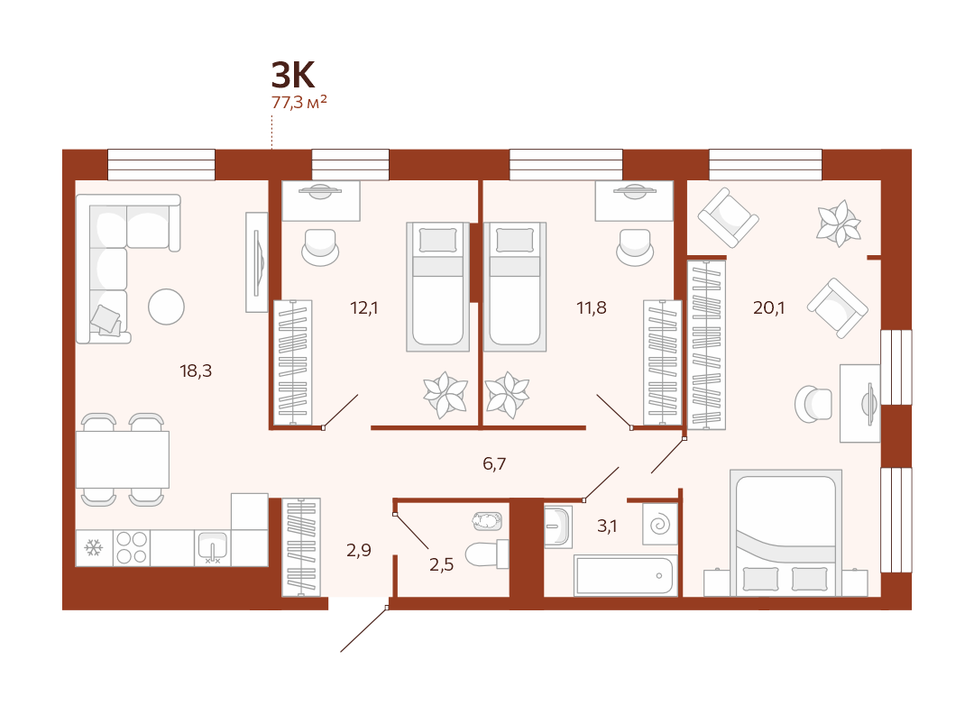 Планировка: 4-комнатная евро 77.3 м² в ЖК Новатор, Центр: КПД