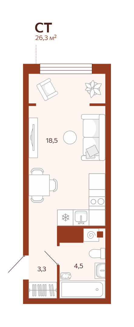 Планировка: Студия 26.3 м² в ЖК Новатор, Центр: КПД