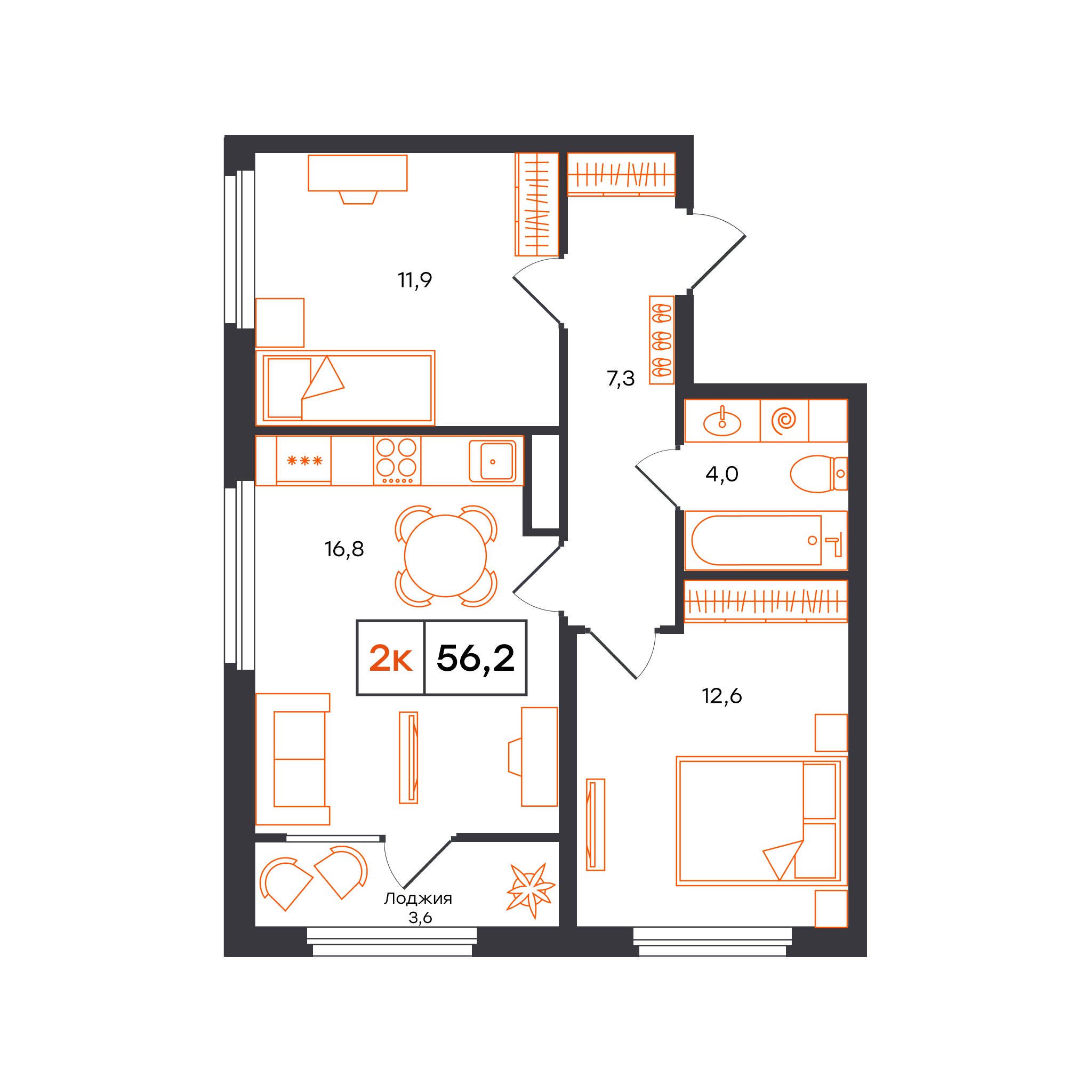 Планировка: Евротрешка 56.2 м² в ЖК Отличие, Комарово Парк