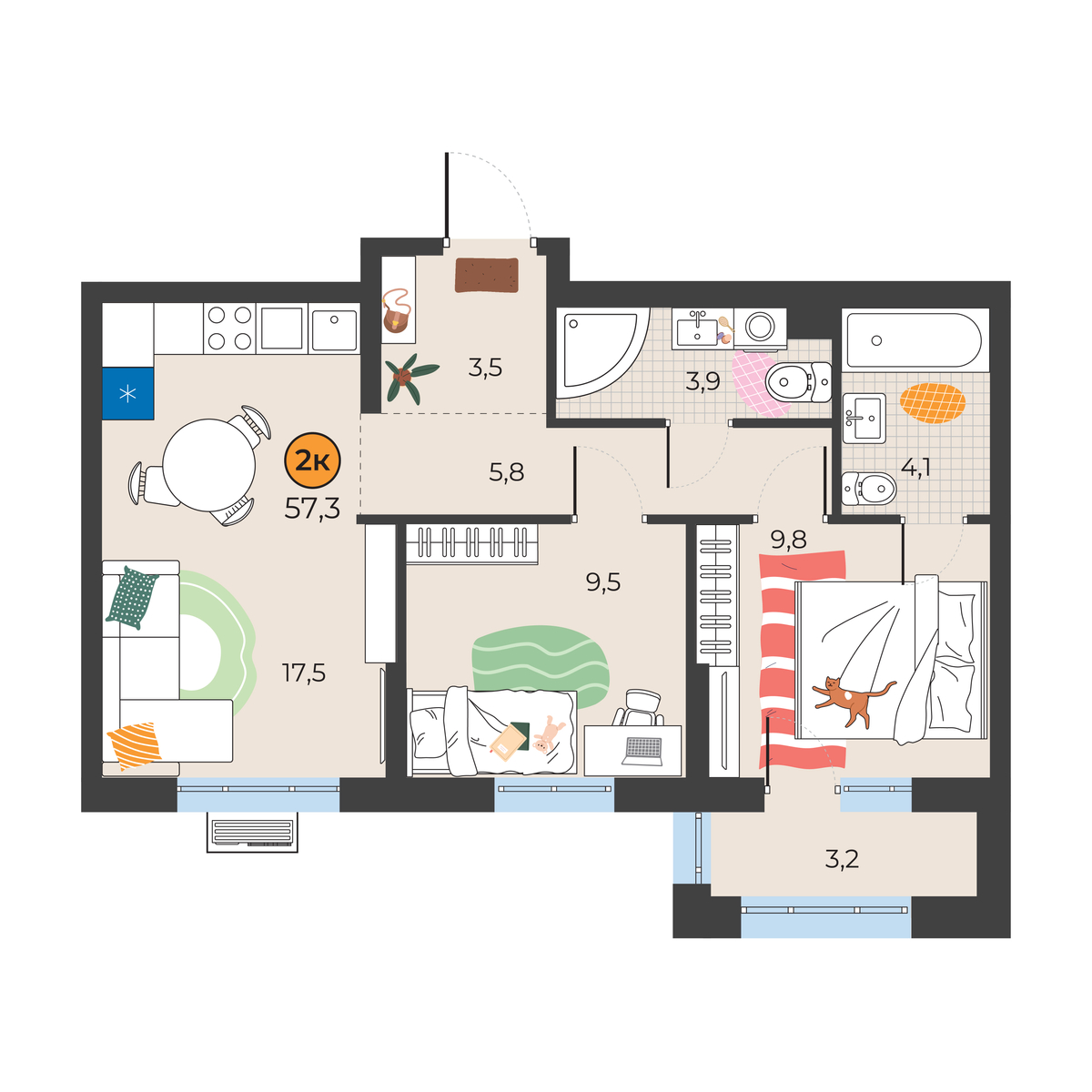 Планировка: Евротрешка 55.1 м² в ЖК Корней, Южный