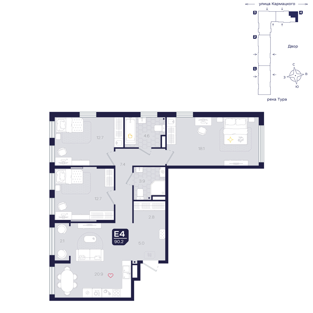 Планировка: 4-комнатная евро 90.2 м² в ЖК Космо, 5-й Заречный