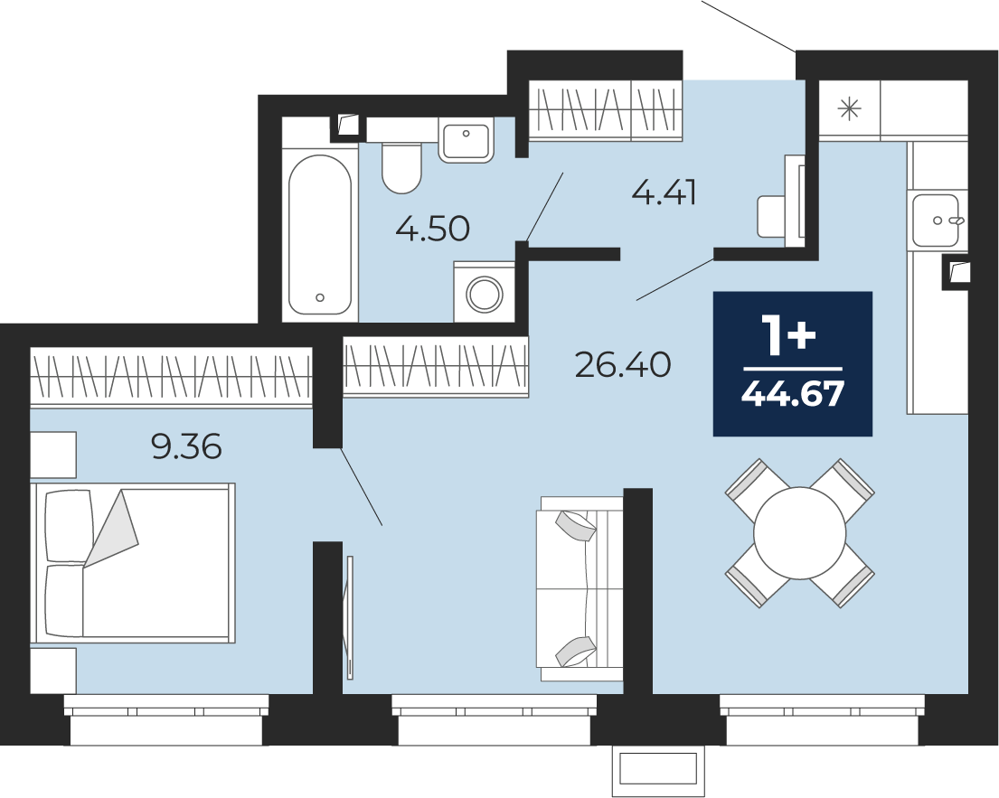 Планировка: Евродвушка 44.7 м² в ЖК Беринг, Лесобаза
