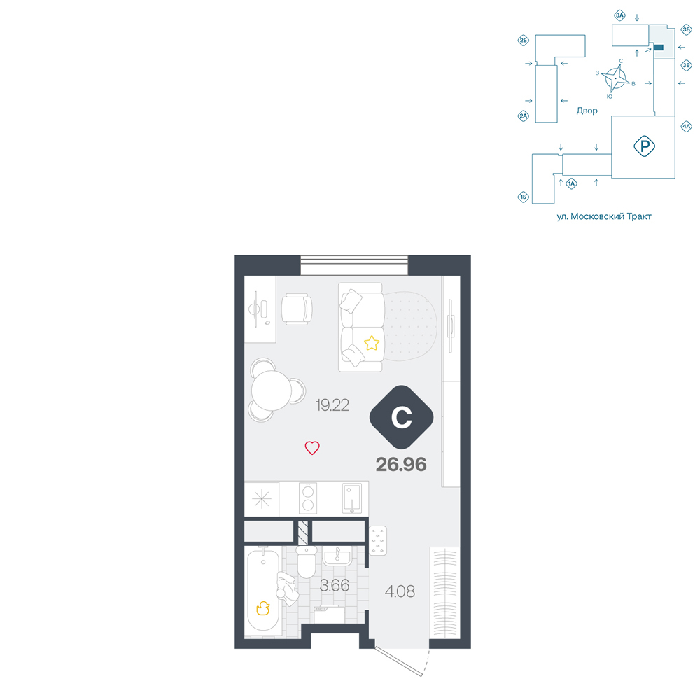 Планировка: Студия 27 м² в ЖК Сибирский, Московский тракт