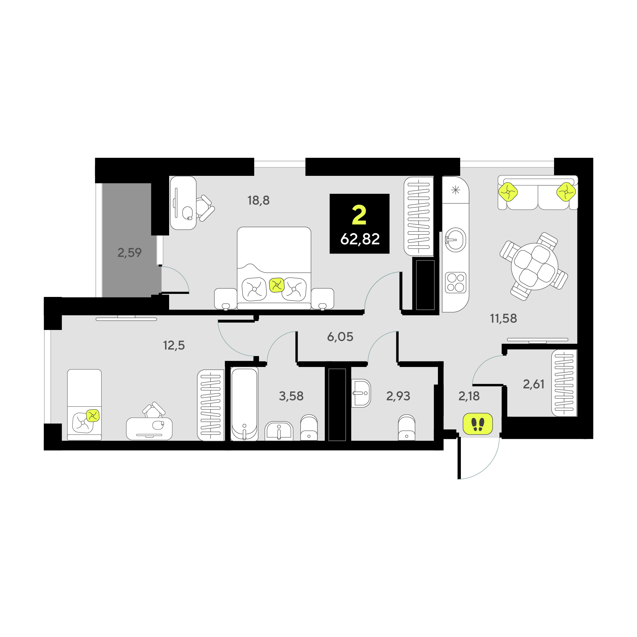 Планировка: Евротрешка 62.8 м² в ЖК Мотивы, От Плеханова до Южного