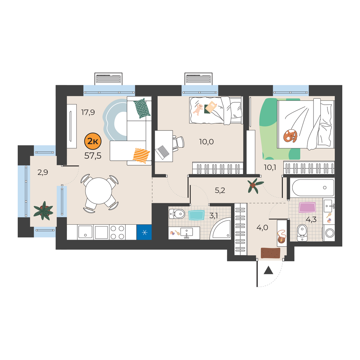 Планировка: Евротрешка 55.5 м² в ЖК Корней, Южный