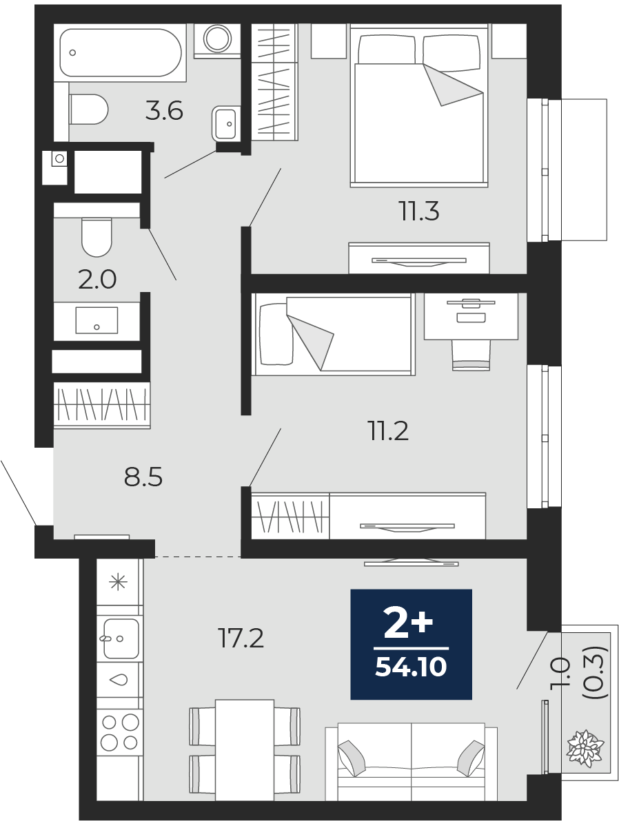Планировка: Евротрешка 53.8 м² в ЖК Мириады, Мыс