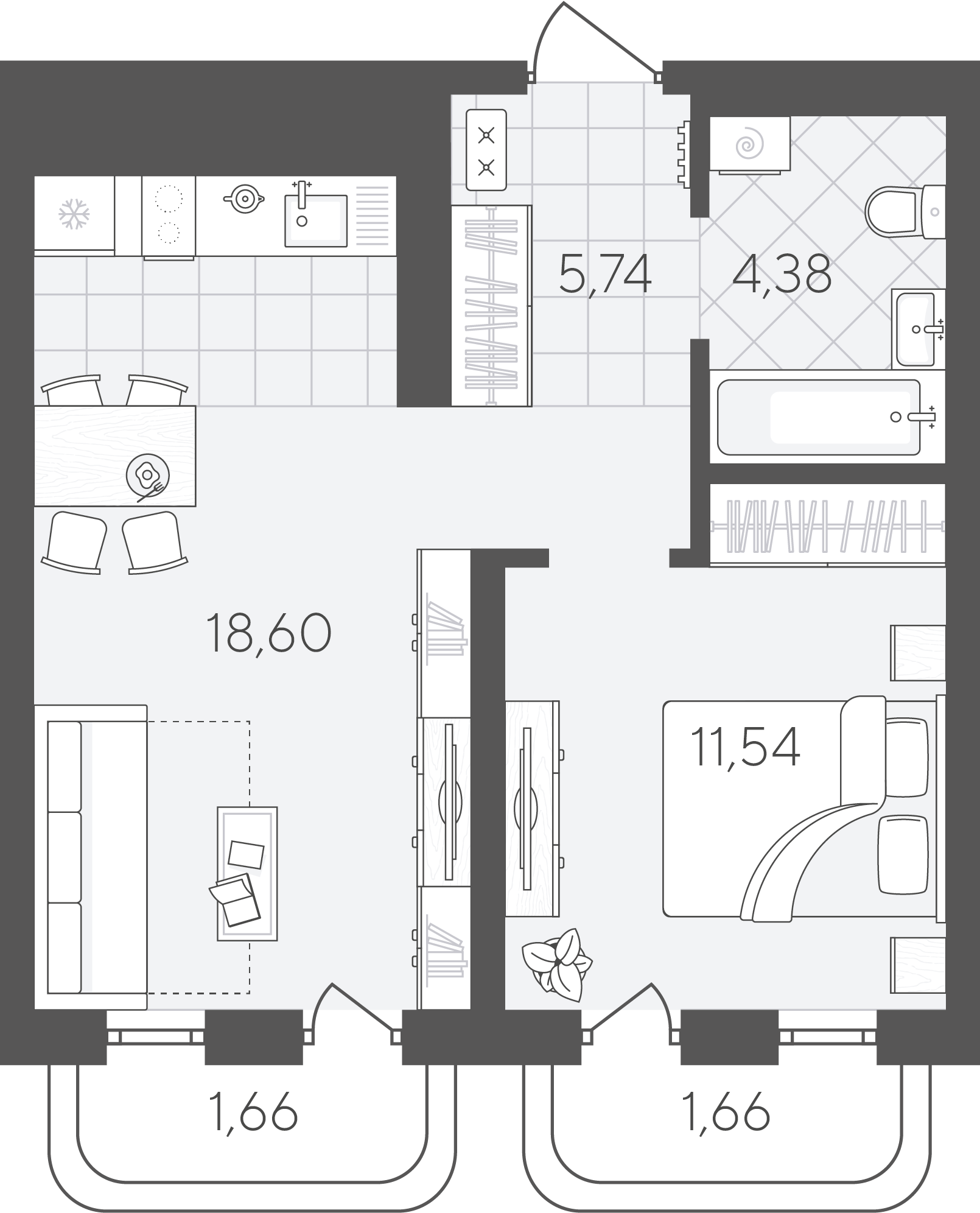 Планировка: Евродвушка 43.6 м² в ЖК Скандиа. Квартал в Слободе, Тюменская слобода