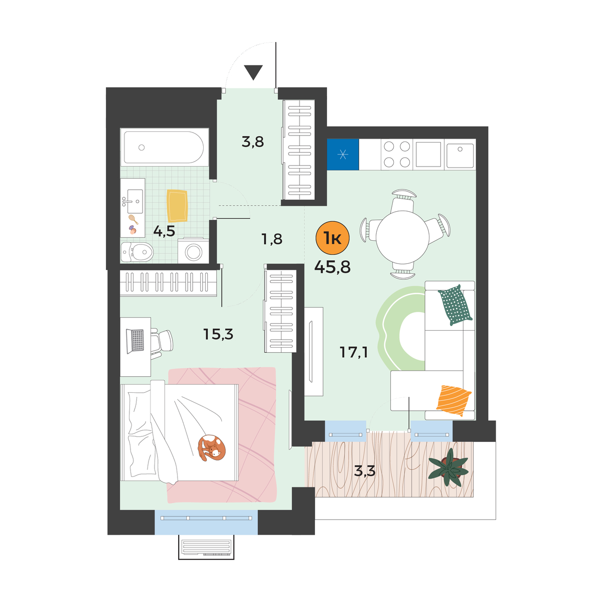 Планировка: Евродвушка 43.5 м² в ЖК Корней, Южный
