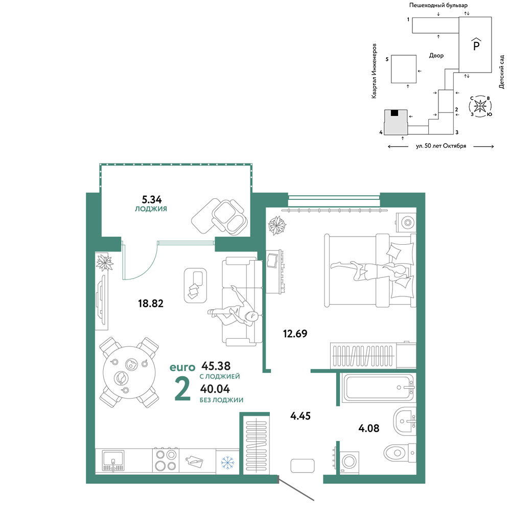Планировка: Евродвушка 45.4 м² в ЖК Сердце Сибири, Центр: КПД