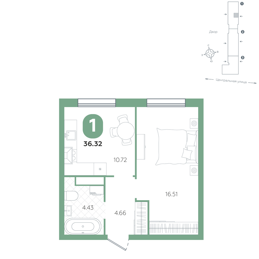 Планировка: 1-комнатная 36.3 м² в ЖК Крылья, Область