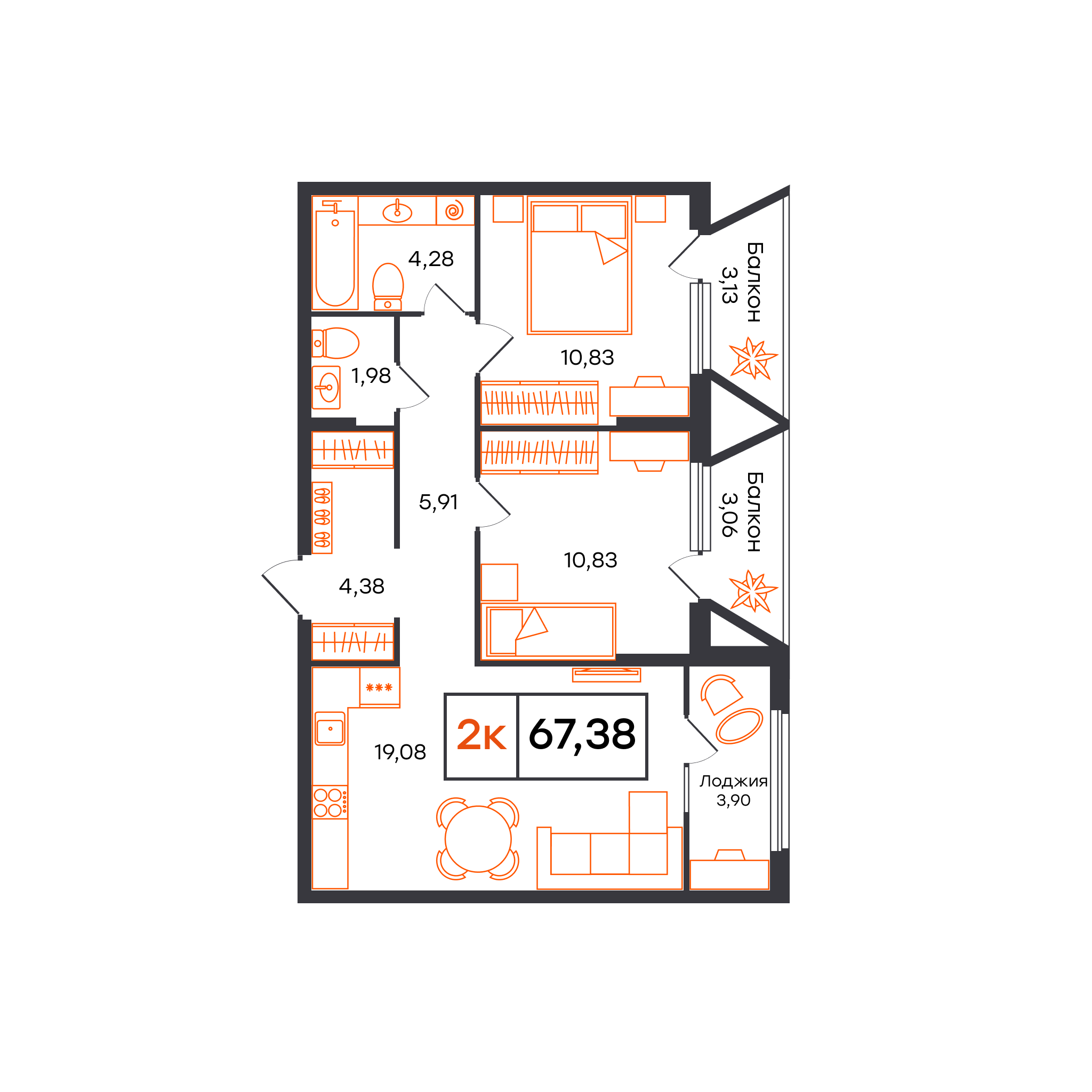 Планировка: Евротрешка 67.4 м² в ЖК Отличие, Комарово Парк