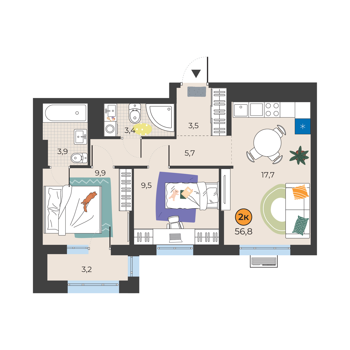 Планировка: Евротрешка 54.4 м² в ЖК Корней, Южный