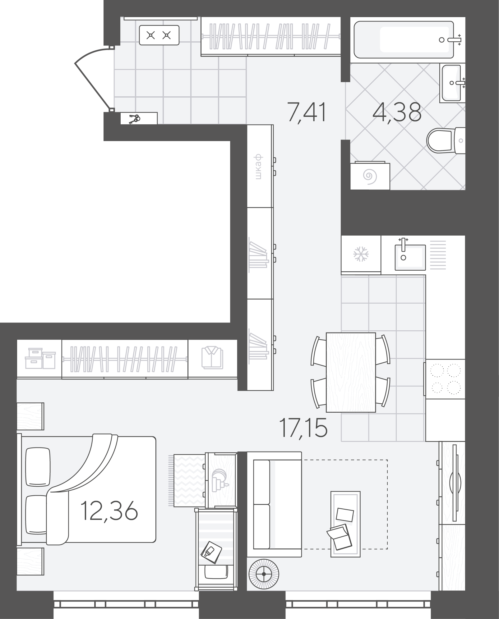 Планировка: Евродвушка 41.3 м² в ЖК Скандиа. Квартал в Слободе, Тюменская слобода