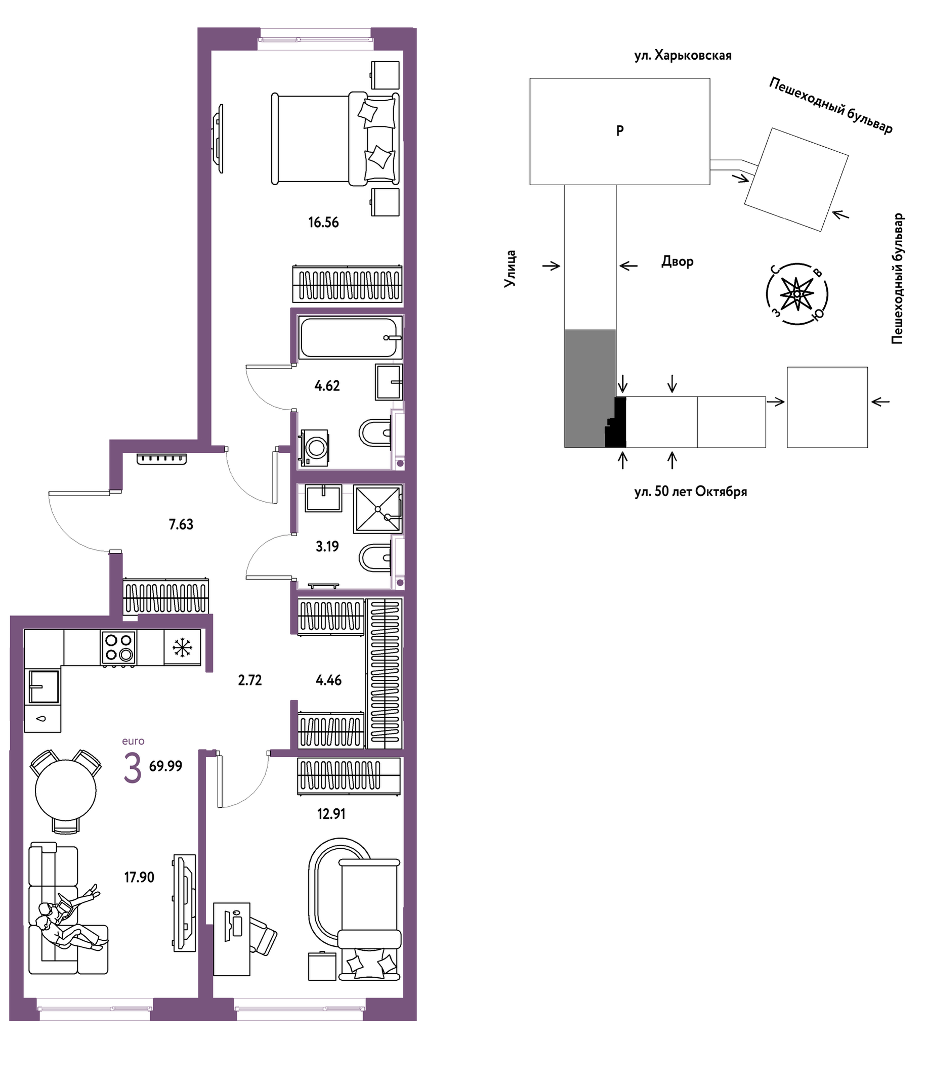 Планировка: Евротрешка 70 м² в ЖК Сердце Сибири, Центр: КПД