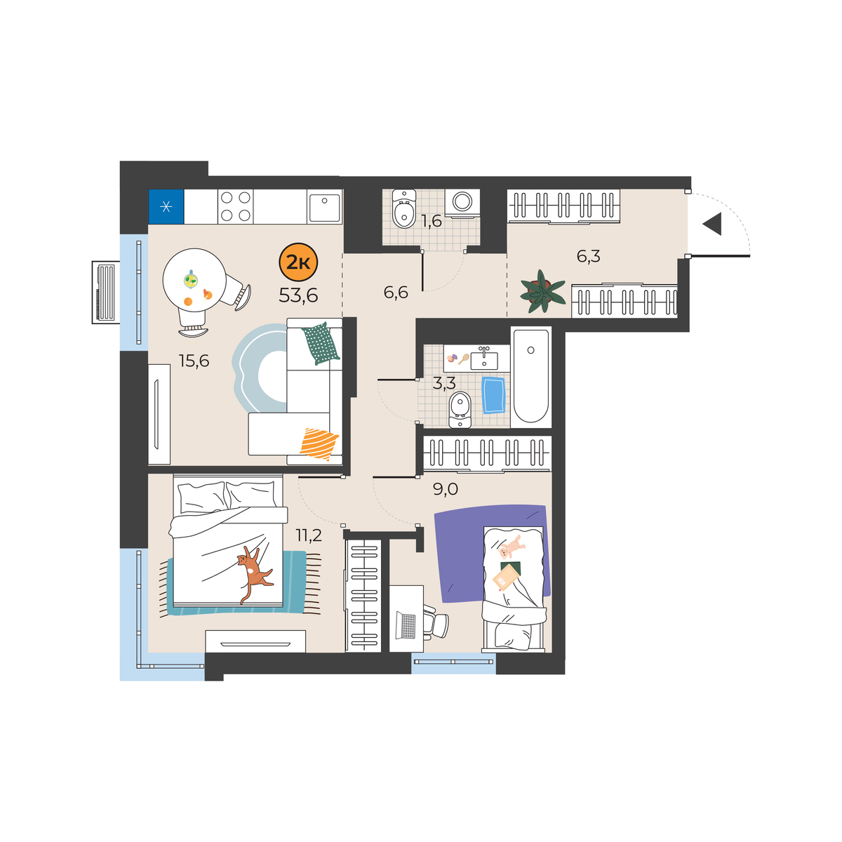 Планировка: Евротрешка 53.6 м² в ЖК Корней, Южный