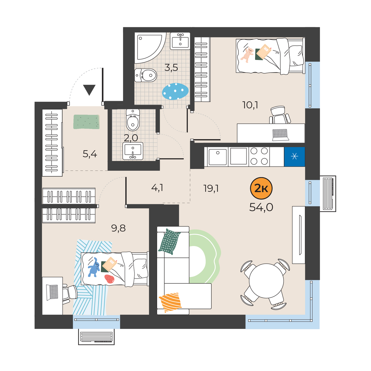 Планировка: Евротрешка 54 м² в ЖК Корней, Южный