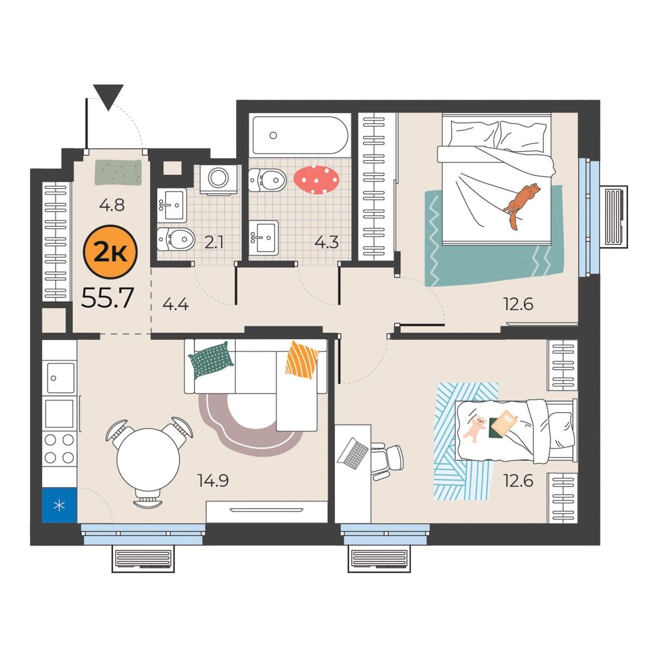 Планировка: Евротрешка 55.7 м² в ЖК Корней, Южный