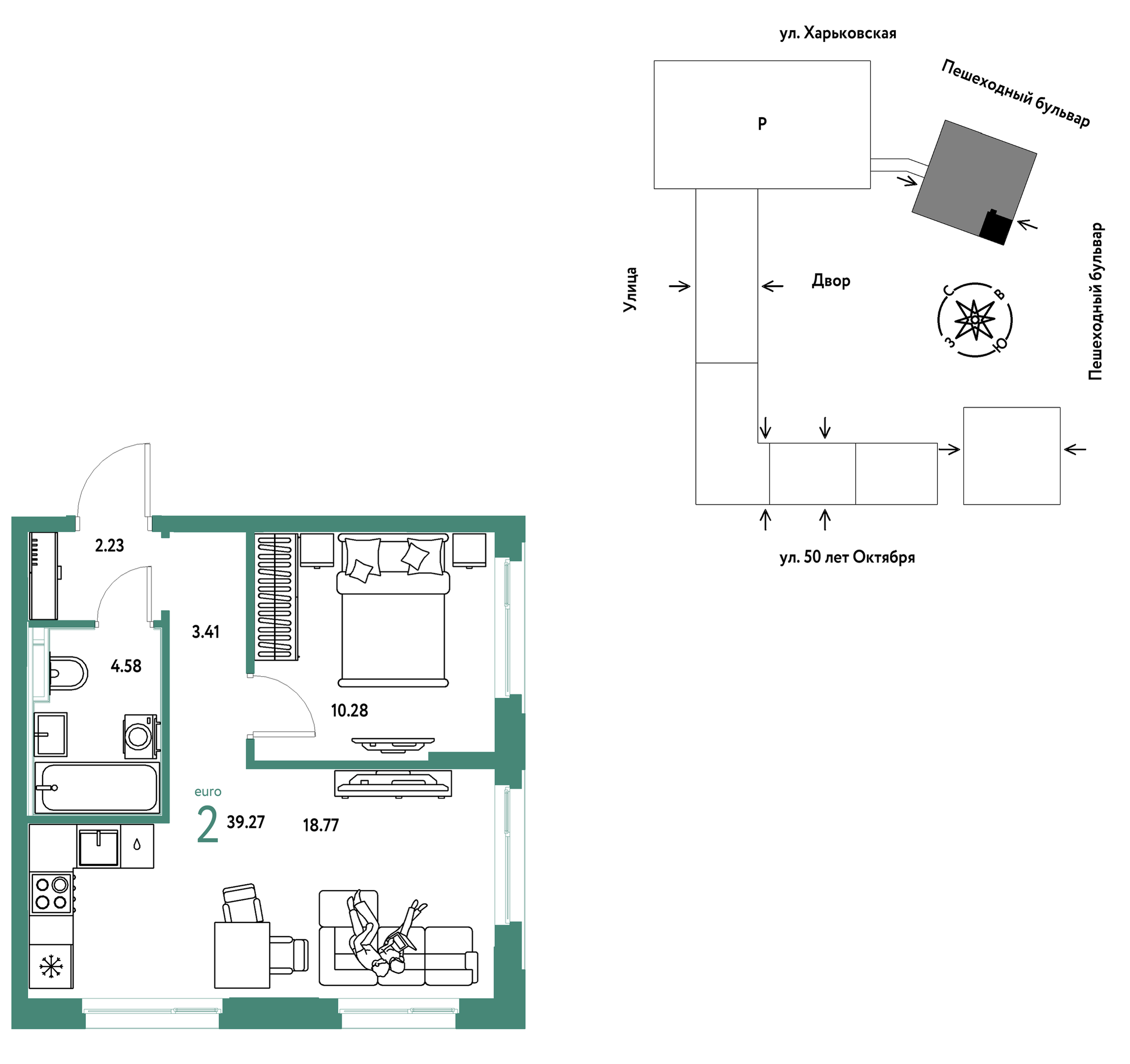 Планировка: Евродвушка 39.3 м² в ЖК Сердце Сибири, Центр: КПД