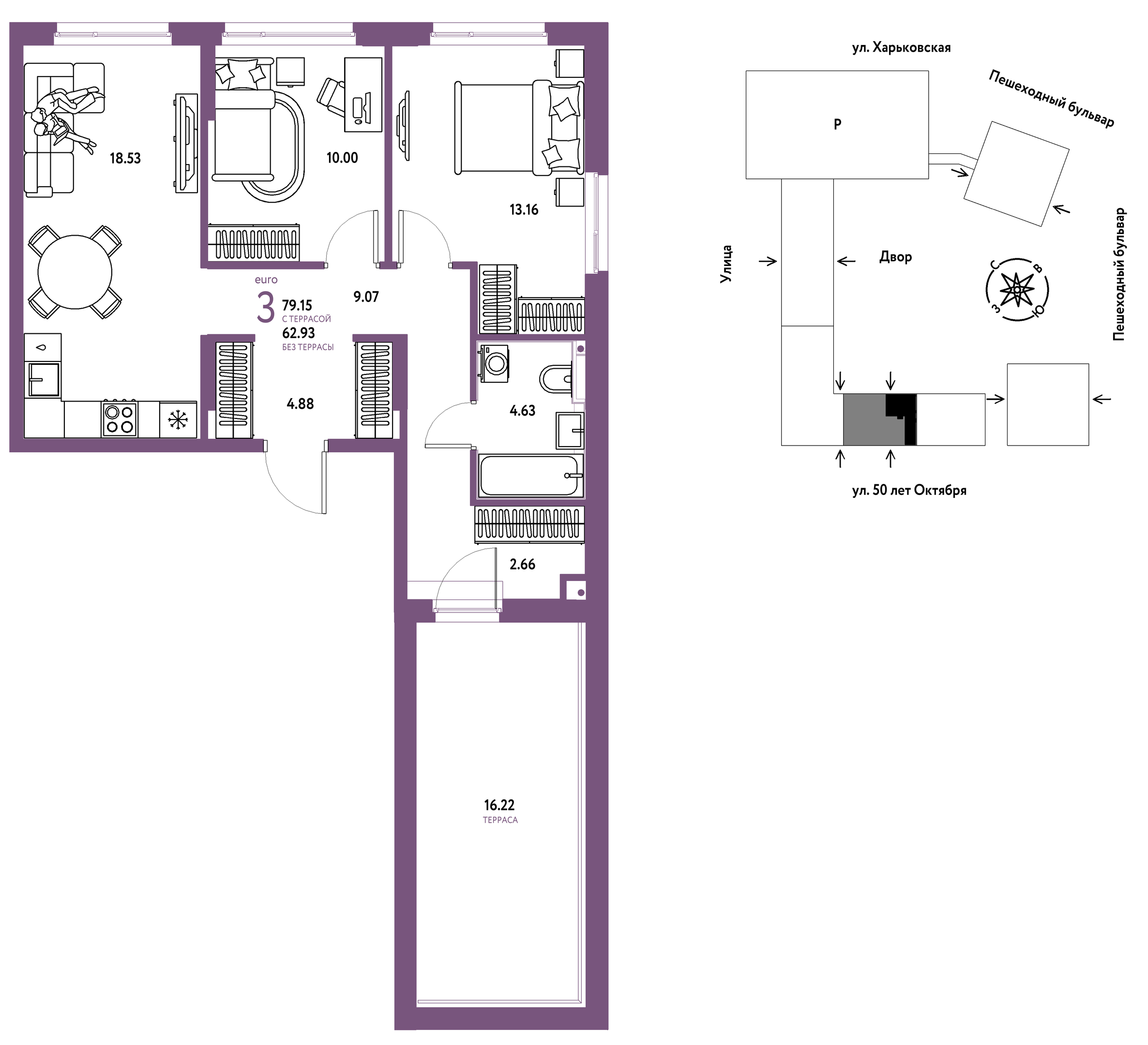 Планировка: Евротрешка 79.2 м² в ЖК Сердце Сибири, Центр: КПД