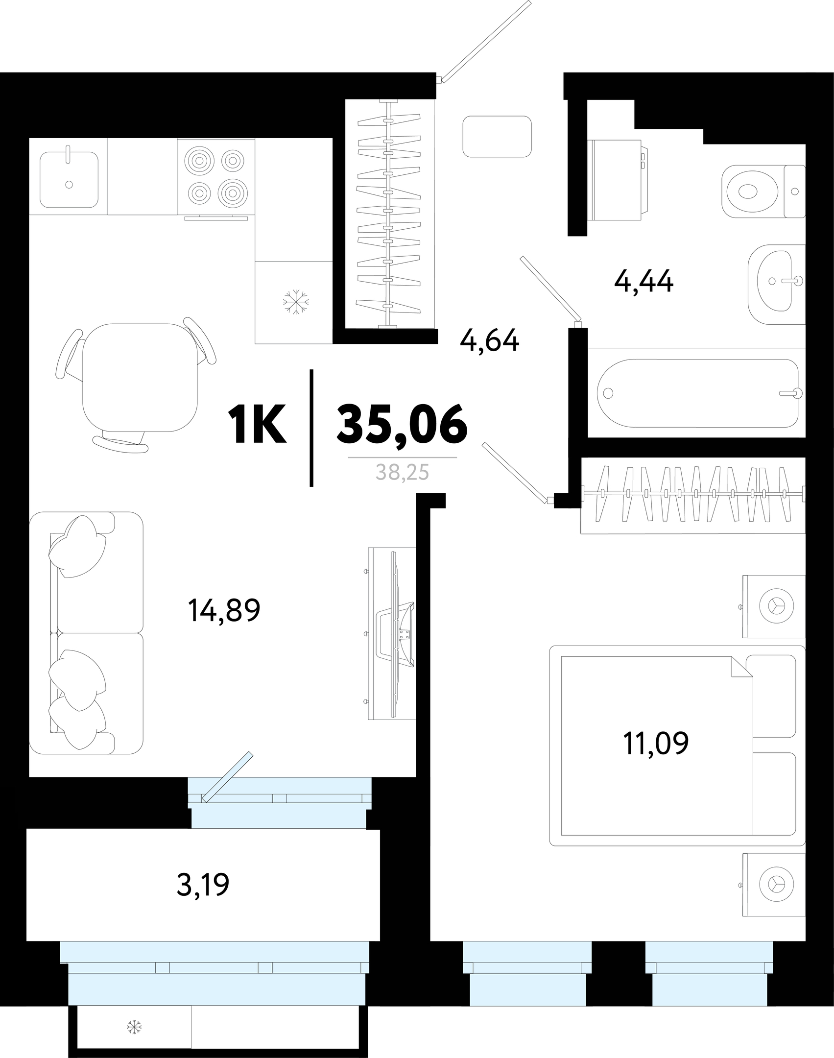 Планировка: Евродвушка 35.1 м² в ЖК Символ, Комарово Парк