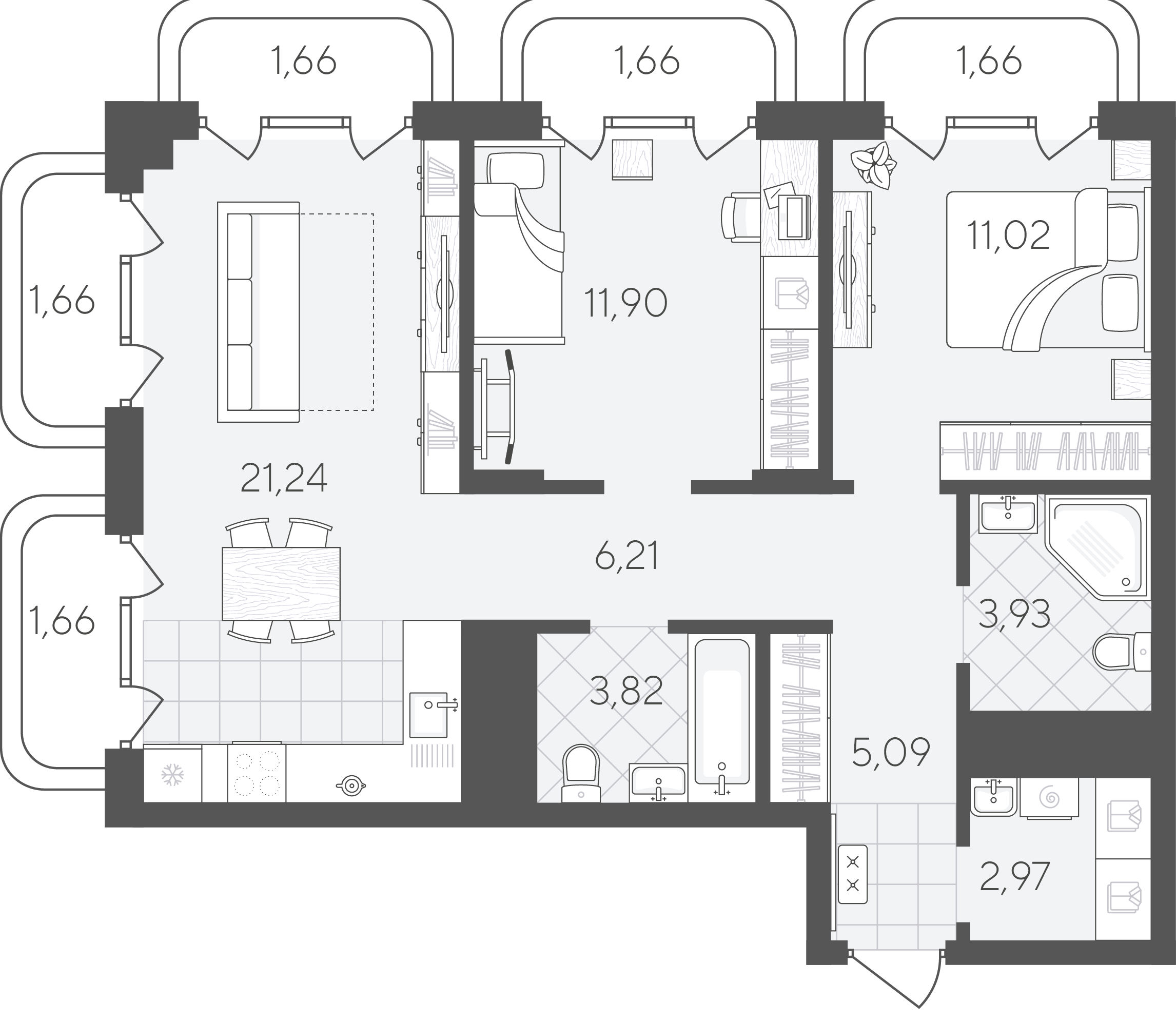Планировка: Евротрешка 74.5 м² в ЖК Скандиа. Квартал в Слободе, Тюменская слобода