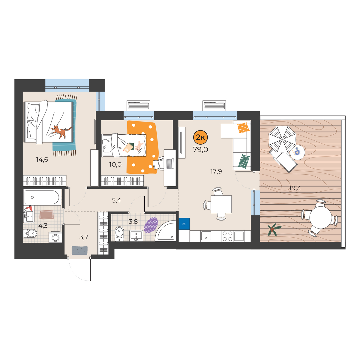 Планировка: Евротрешка 65.5 м² в ЖК Корней, Южный