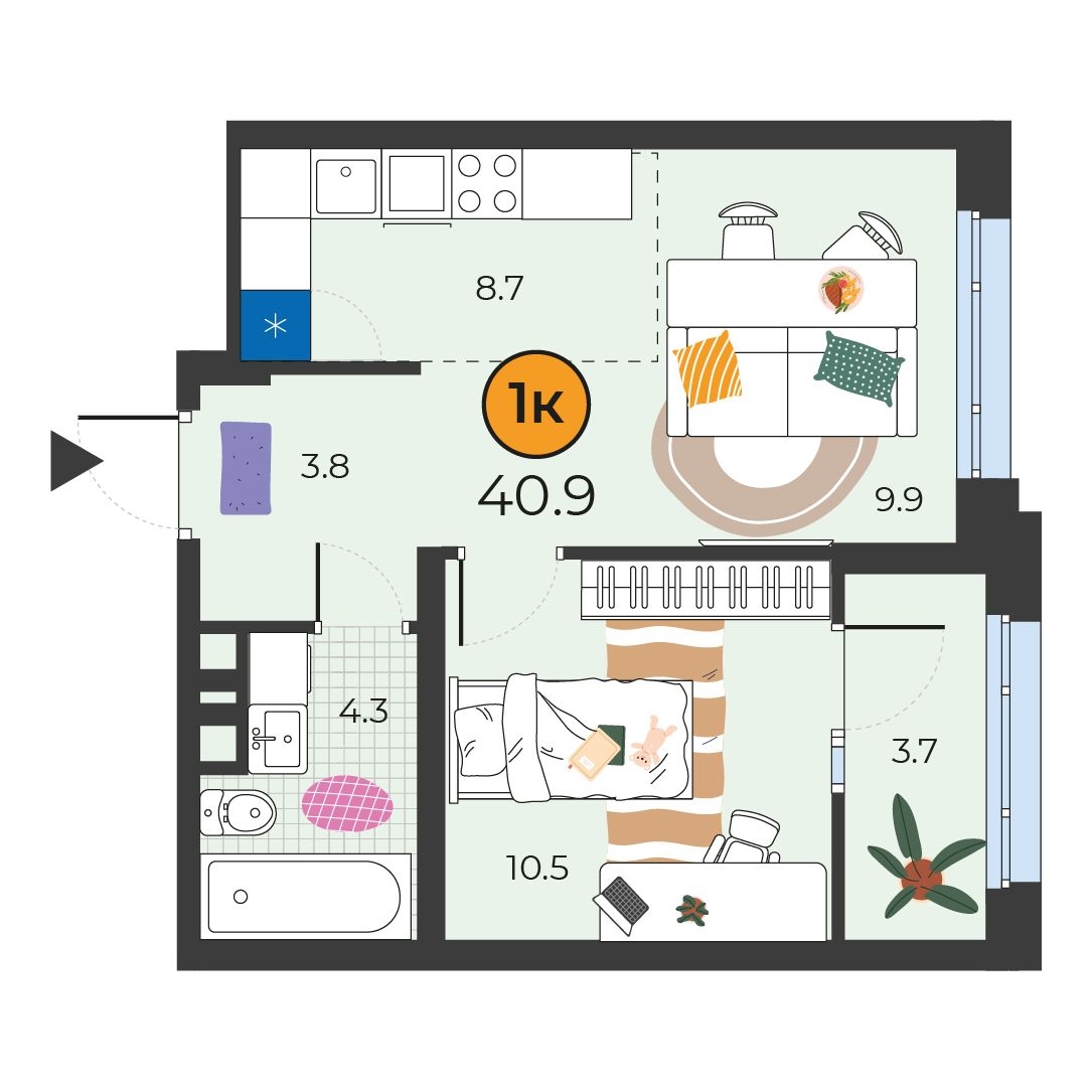 Планировка: Евродвушка 40.9 м² в ЖК Корней, Южный