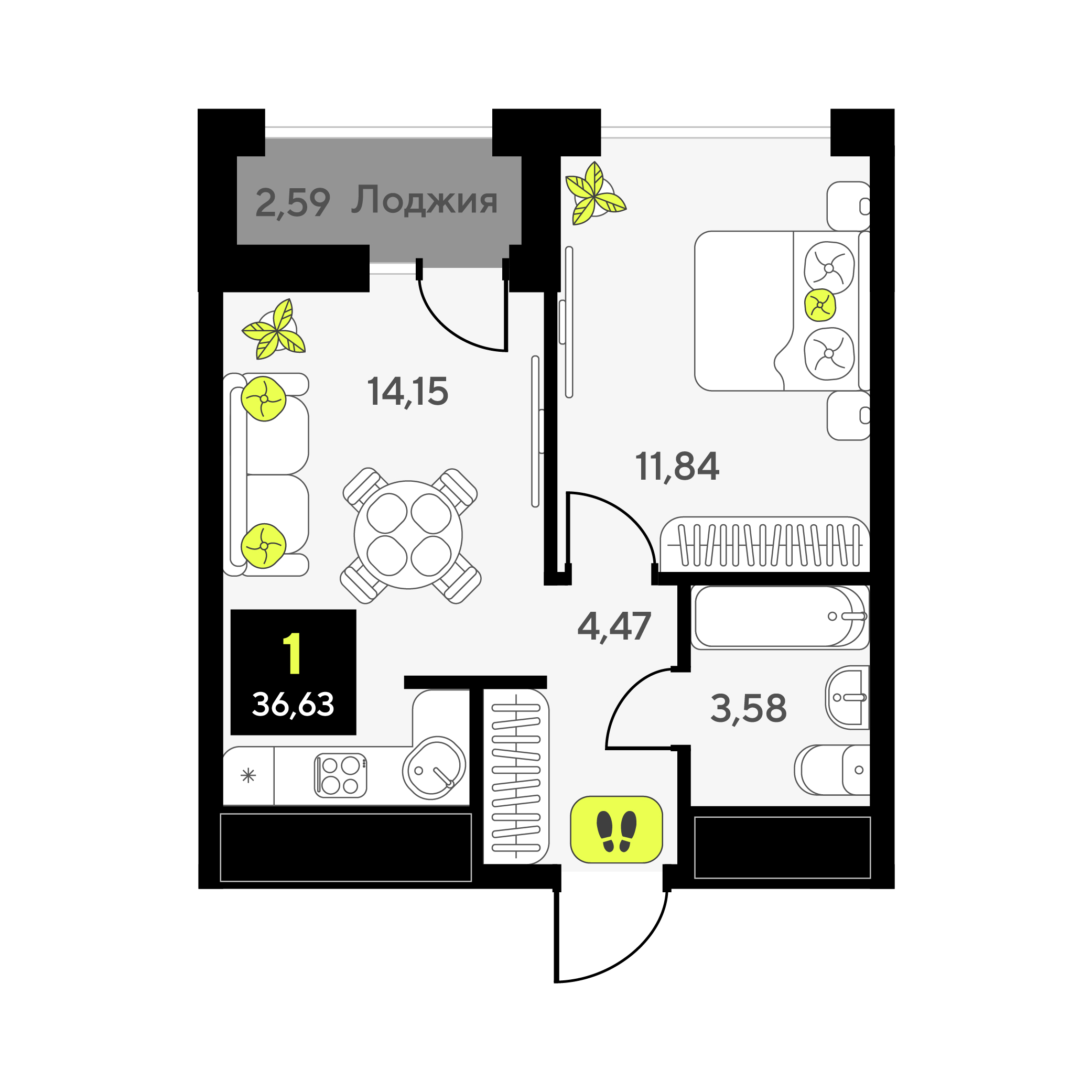 Планировка: Евродвушка 36.6 м² в ЖК Мотивы, От Плеханова до Южного