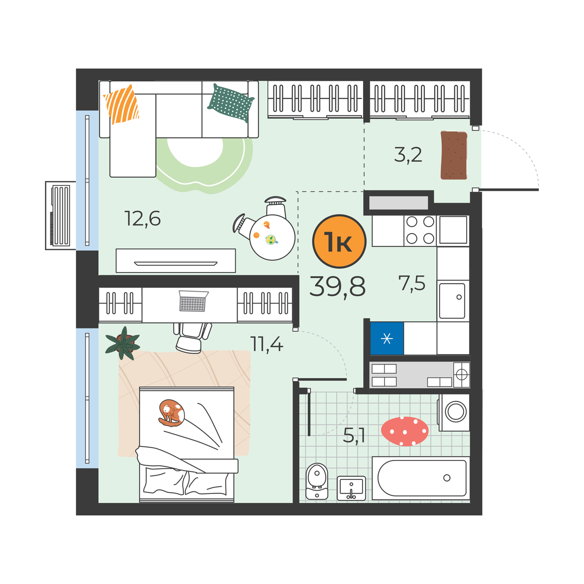 Планировка: Евродвушка 39.8 м² в ЖК Корней, Южный