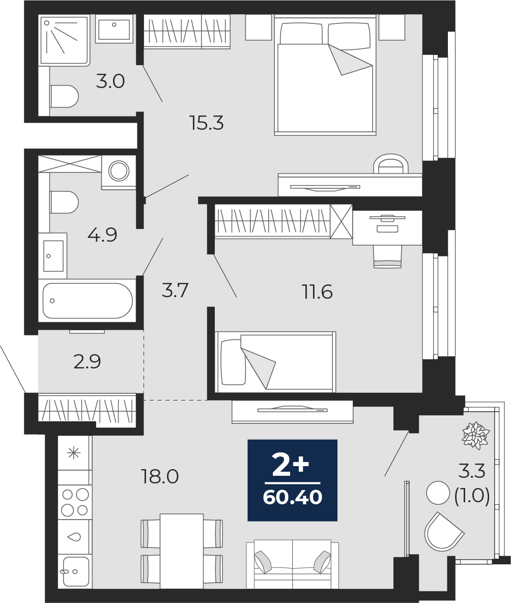 Планировка: Евротрешка 59.4 м² в ЖК Мириады, Мыс