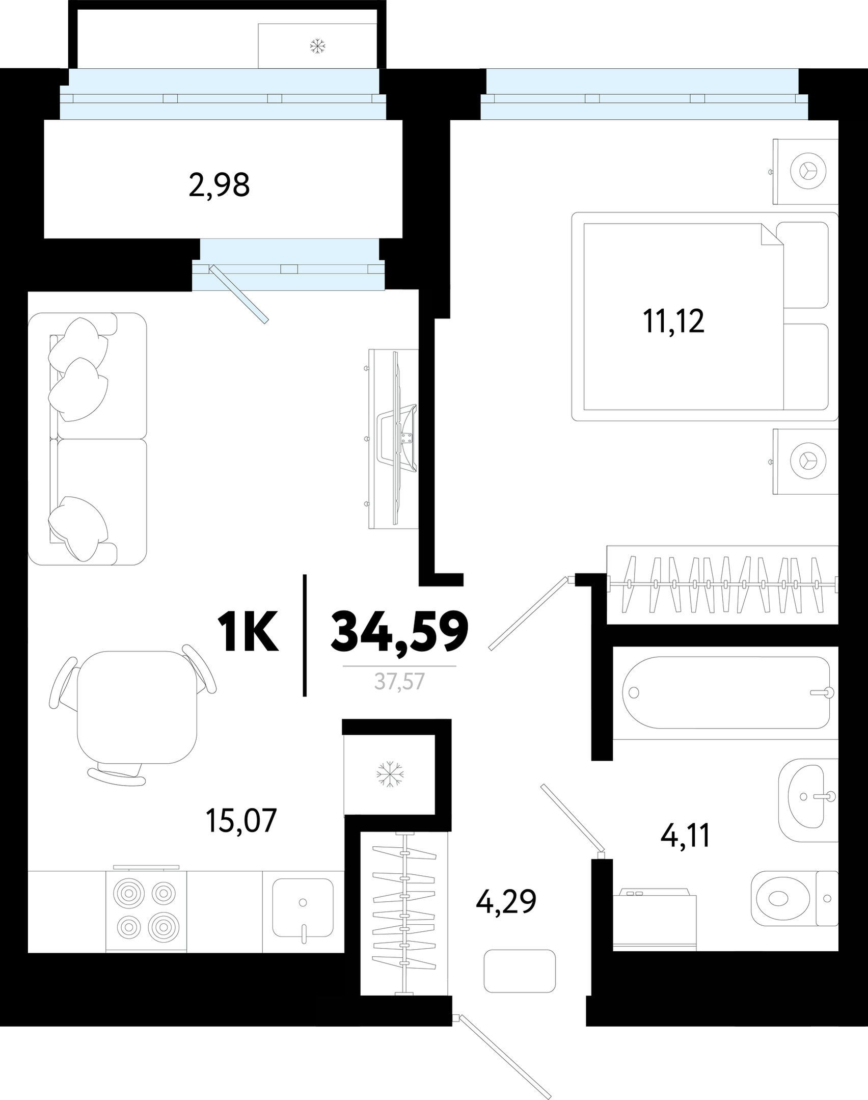 Планировка: Евродвушка 34.6 м² в ЖК Символ, Комарово Парк