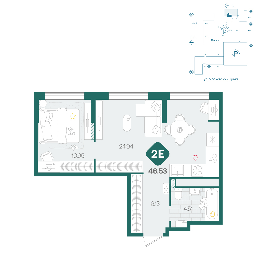 Планировка: Евродвушка 46.5 м² в ЖК Сибирский, Московский тракт