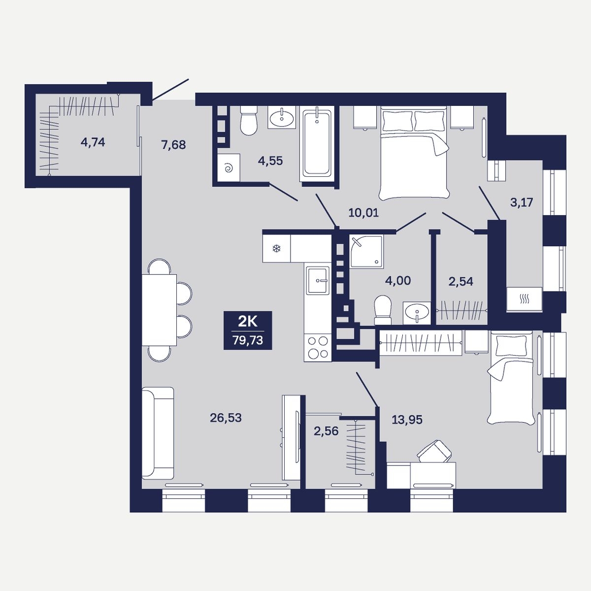Планировка: Евротрешка 79.7 м² в ЖК Дом на Ямской, Дом Обороны