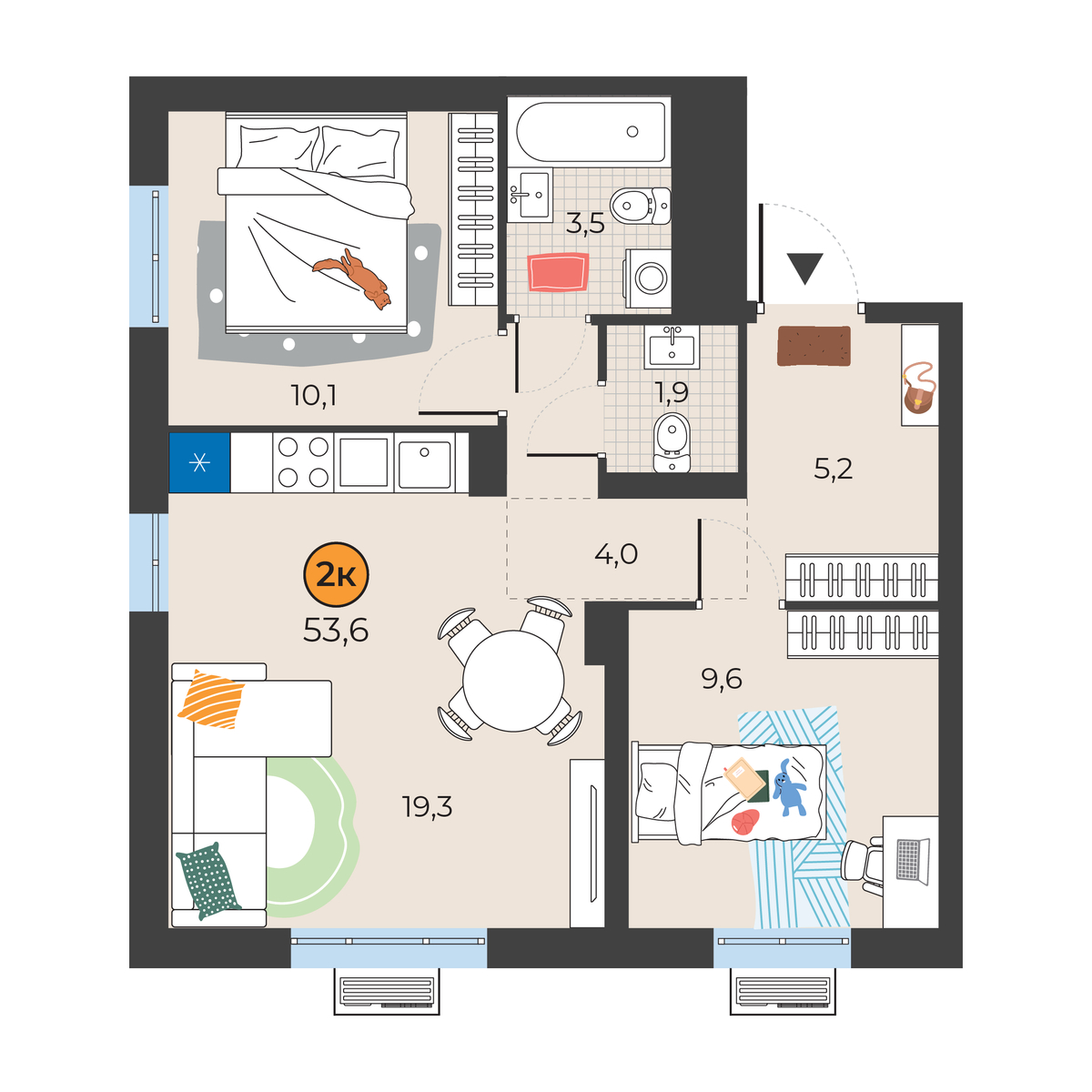Планировка: Евротрешка 53.6 м² в ЖК Корней, Южный