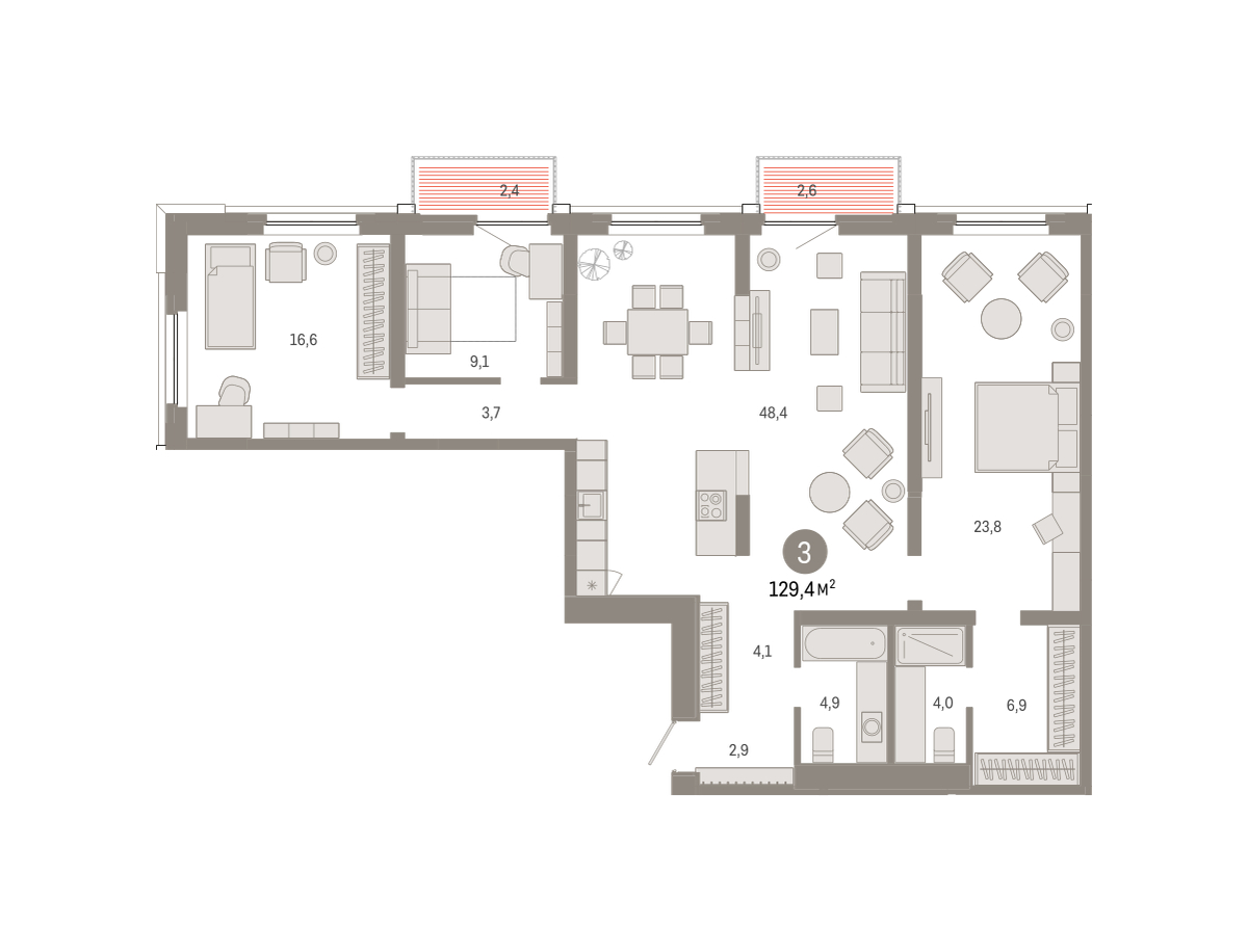 Планировка: 4-комнатная евро 129.4 м² в ЖК Зарека, Заречный
