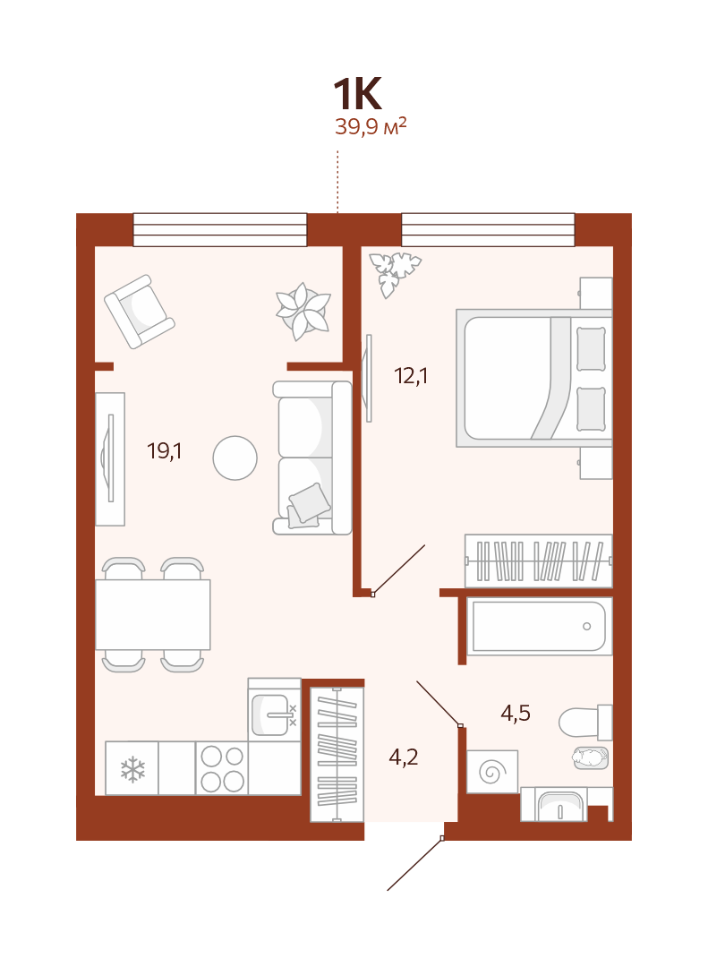 Планировка: Евродвушка 39.9 м² в ЖК Новатор, Центр: КПД