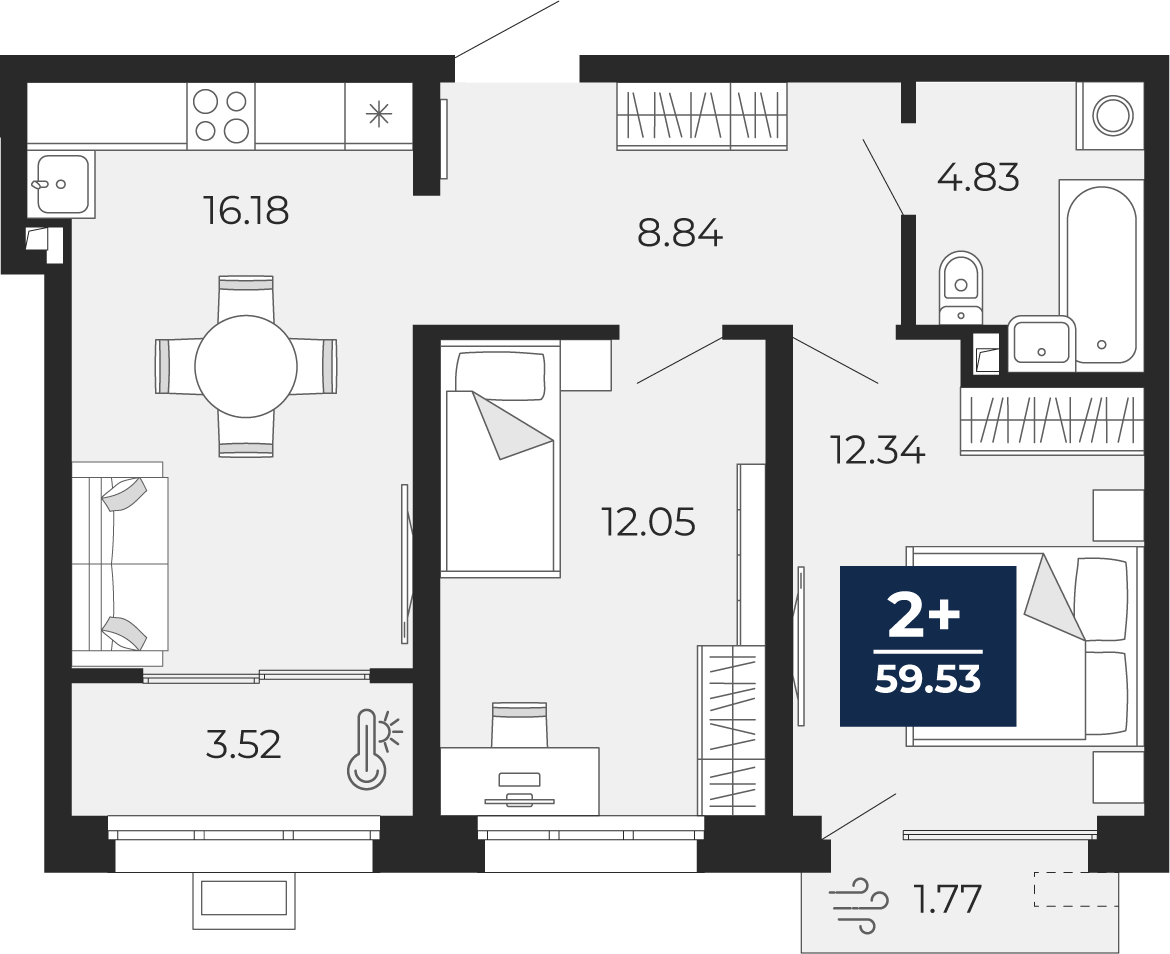 Планировка: Евротрешка 57.8 м² в ЖК Беринг, Лесобаза